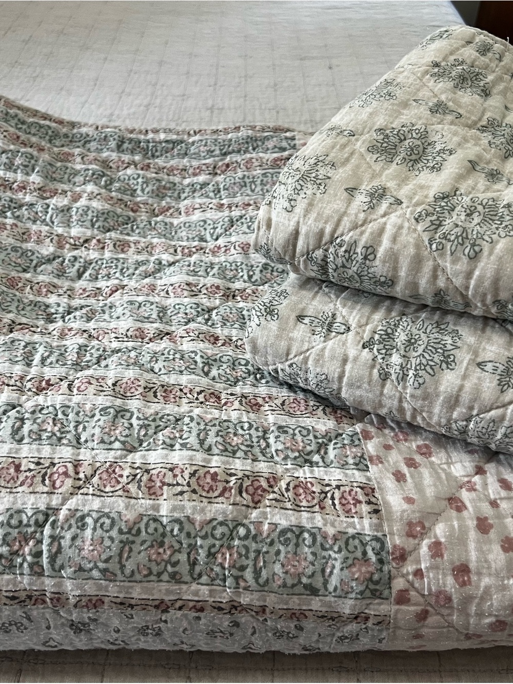 Shabby Chic Quilted Floral Bedspread in Sage and Blush